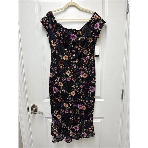 GUESS Womens Size 12 Off-The-Shoulder Lace Midi Cocktail Dress Black Floral New - Picture 3 of 14